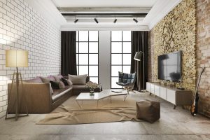 3d rendering luxury and modern living room with brick decor
