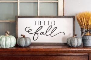 Hello Fall sign with gray pumpkins - stylish fall decor