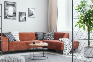 Pillows and blanket on brown velvet corner sofa in elegant living room interior