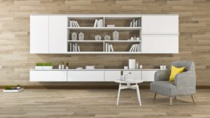 3d rendering vintage wood wall living room with shelf built in