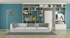 Modern living room with bookcase